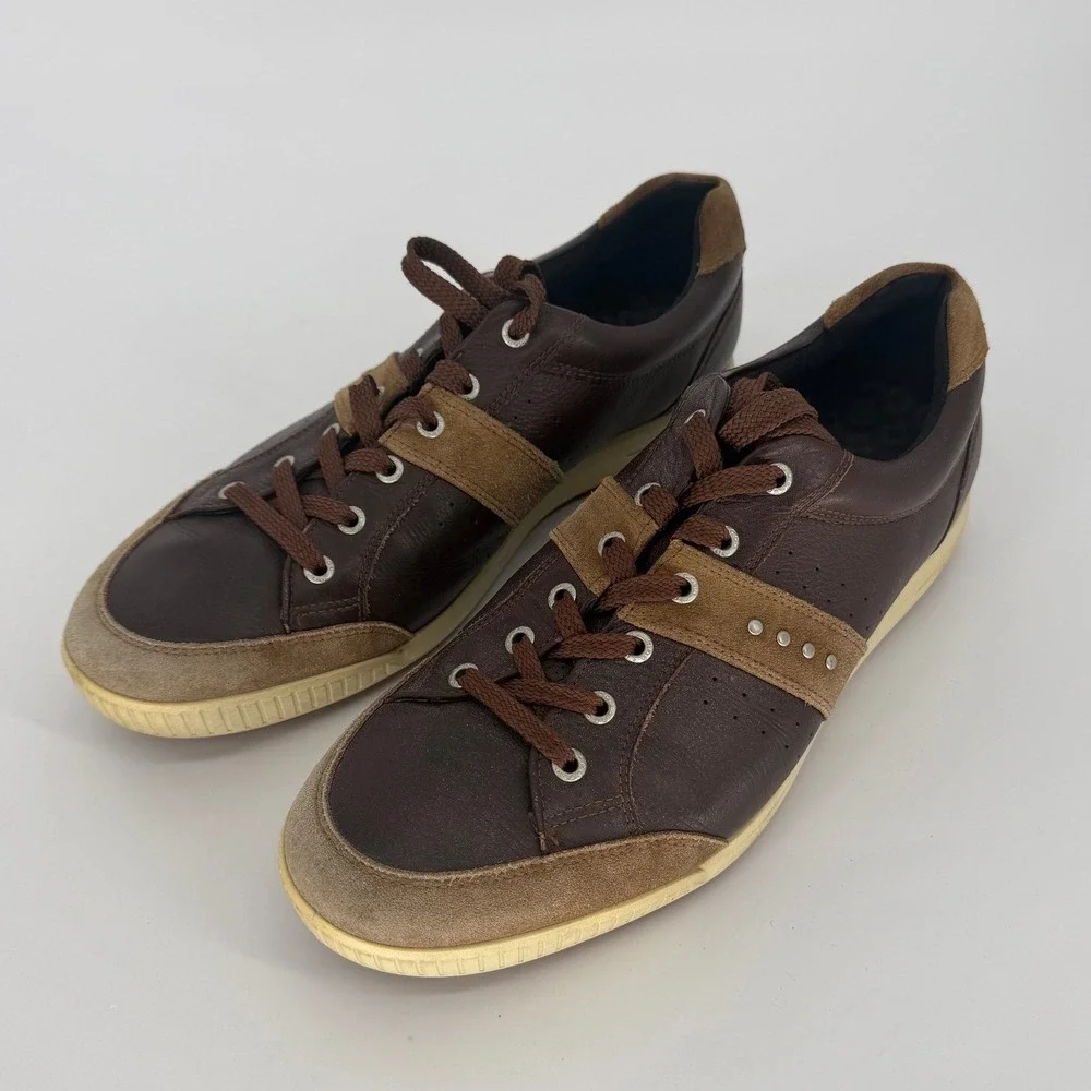 ECCO Mens Brown Leather Suede Low Top Lace Up Sneakers Studded Size 46